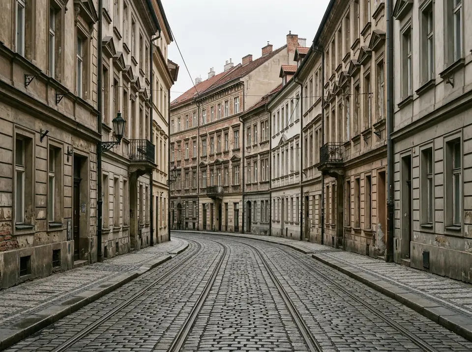 Sűrűn beépített belvárosi utca emeletes házakkal és villamossínnel az úttesten